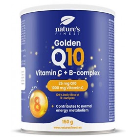 Golden Q10 de Natures Finest | 25mg de Q10 par Portion | 1000mg de Vitamine C par Portion et une Dose Quotidienne Complète d