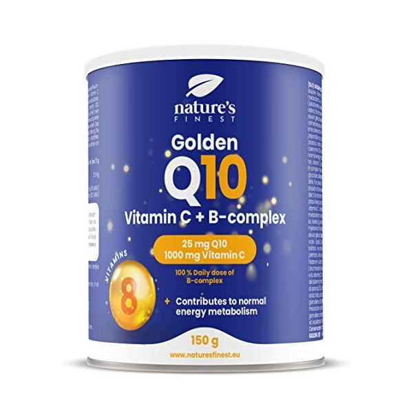 Golden Q10 de Natures Finest | 25mg de Q10 par Portion | 1000mg de Vitamine C par Portion et une Dose Quotidienne Complète d