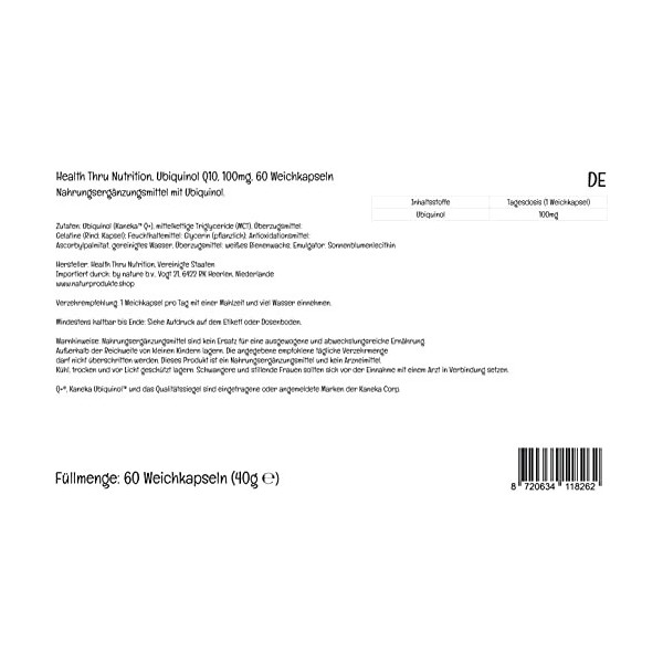 Health Thru Nutrition, Kaneka™ Ubiquinol, Co-Enzyme Q10 Actif, 100mg, Haute Dose, 60 Capsules molles, Testé en Laboratoire, S