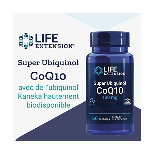 Life Extension, Super Ubiquinol, 100mg, Kaneka-Q10, 60 Capsules molles, Testé en Laboratoire, Sans Gluten, Sans Soja, Sans OG