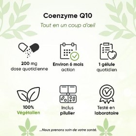 Coenzyme Q10 - pour 6 Mois - 180 gélules de 200 mg chacune - pilulier inclus - avec vitamine C, B3, B7, gélules à forte dose 