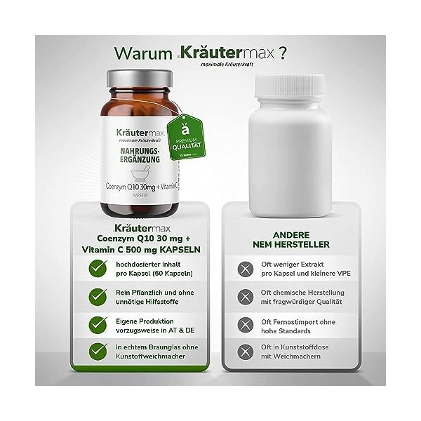 Kräutermax Q10 Capsules de coenzyme Q10 Capsules de coenzyme Q10 hautement dosées avec de la vitamine C | Capsules Q10 nature