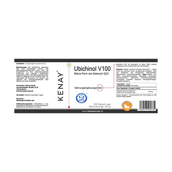 KENAY EUROPA Ubichinol - V100 forme active de Koenzyme Q10 - 100 mg - 300 gélules