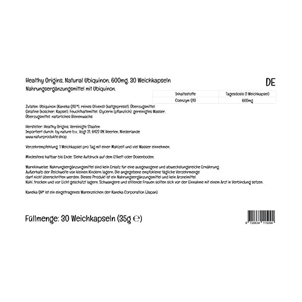 Healthy Origins, Natural Ubiquinone avec Kaneka QH, 600mg, Hautement Dosé, 30 Capsules molles, Testé en Laboratoire, Sans Glu