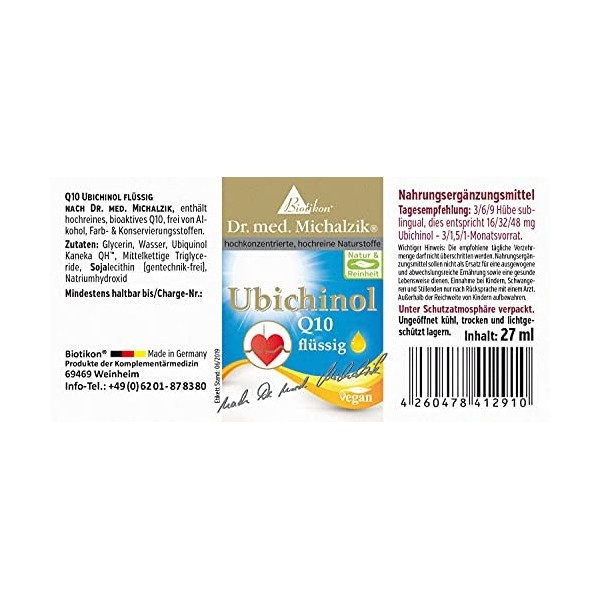 Ubiquinol Q10 - innovation produit de Biotikon® - meilleure biodisponibilité - selon Dr. med. Michalzik® - sans additifs - de