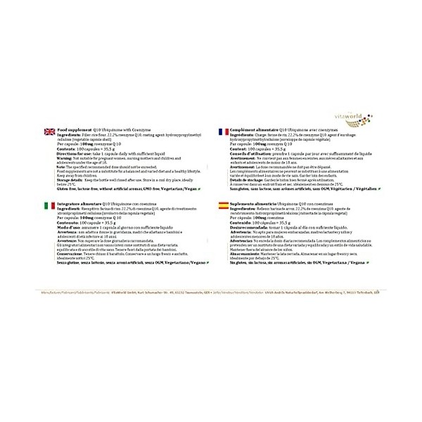 Vita World Pack de 3 Coenzyme Q10 100mg Ubiquinone 3 x 100 Capsules haute absorption Made in Germany Végétalien