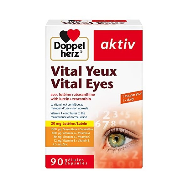 Doppelherz, Vital Yeux, Complément alimentaire vision et santé des yeux, Lutéine & Zéaxanthine + Vitamines et Zinc, Pour le m