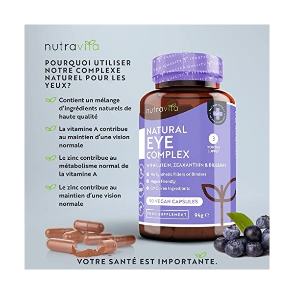 Complément santé pour les yeux − contient de la lutéine, zéaxanthine, du zinc, de lextrait de myrtille et de la vitamine A e
