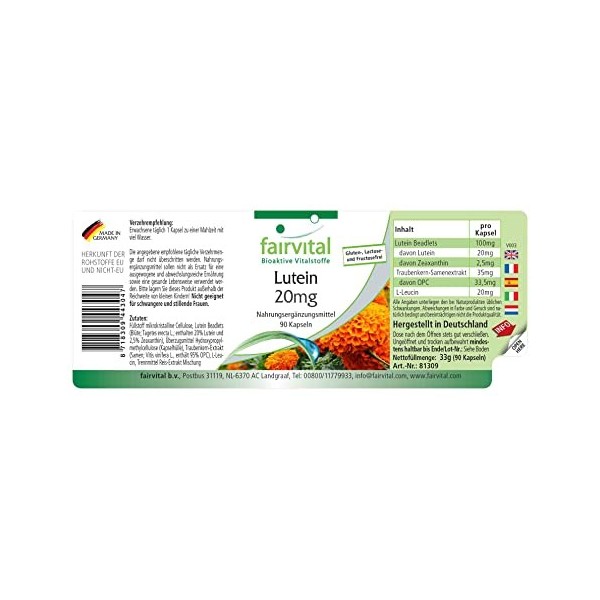 Fairvital | Lutéine 20mg - boite de 3 mois - Fortement dosé - 90 capsules - microencapsulée