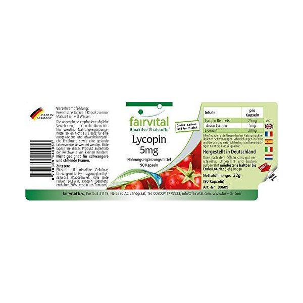 Fairvital | Lycopène 5mg - boite de 3 mois - VEGAN - Fortement dosé - 90 capsules - à partir dextrait de tomate