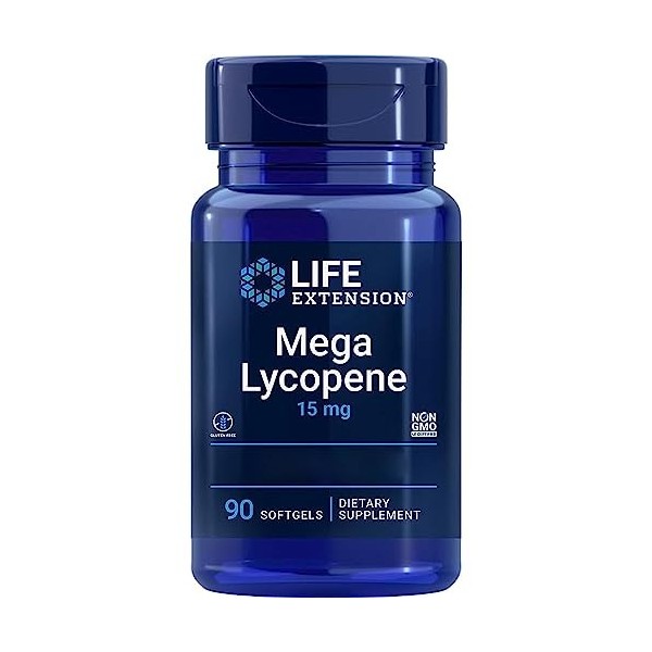 Life Extension, Mega Lycopene, 15mg, Lycopène dExtrait de Tomate, 90 Capsules molles, Testé en Laboratoire, Sans Gluten, San