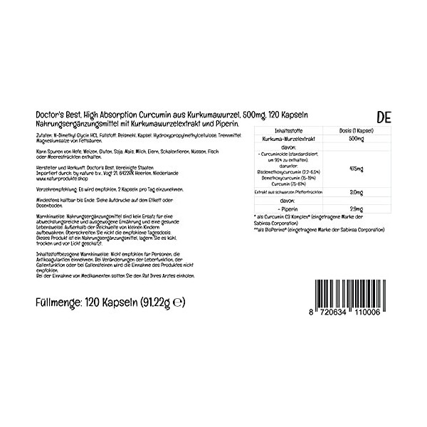 Doctors Best, High Absorption Curcumin Curcumine à Haute Absorption , 500mg, 120 Capsules, Testé en Laboratoire, Curcuma, S C...