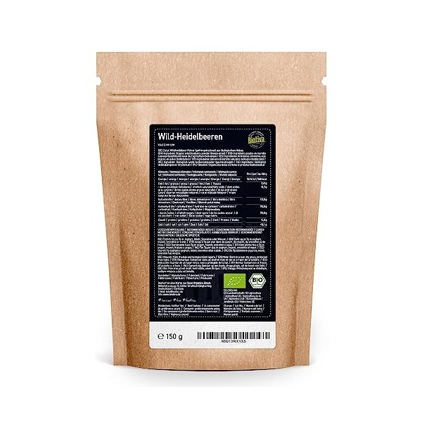 Biotiva Poudre de myrtilles sauvages bio 150g - Vaccinium myrtillus - Poudre de myrtilles lyophilisées - Sans agent de sépara...