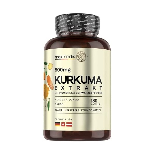 Curcuma Gélules Puissant 500mg avec 95% dExtrait de Curcumine - 180 Gélules Vegan 6mois - Curcuma Gingembre Poivre Noir - Cu...