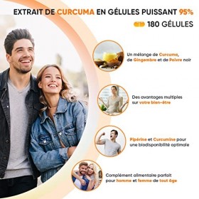 Curcuma Gélules Puissant 500mg avec 95% dExtrait de Curcumine - 180 Gélules Vegan 6mois - Curcuma Gingembre Poivre Noir - Cu...