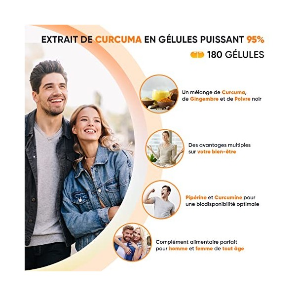 Curcuma Gélules Puissant 500mg avec 95% dExtrait de Curcumine - 180 Gélules Vegan 6mois - Curcuma Gingembre Poivre Noir - Cu...