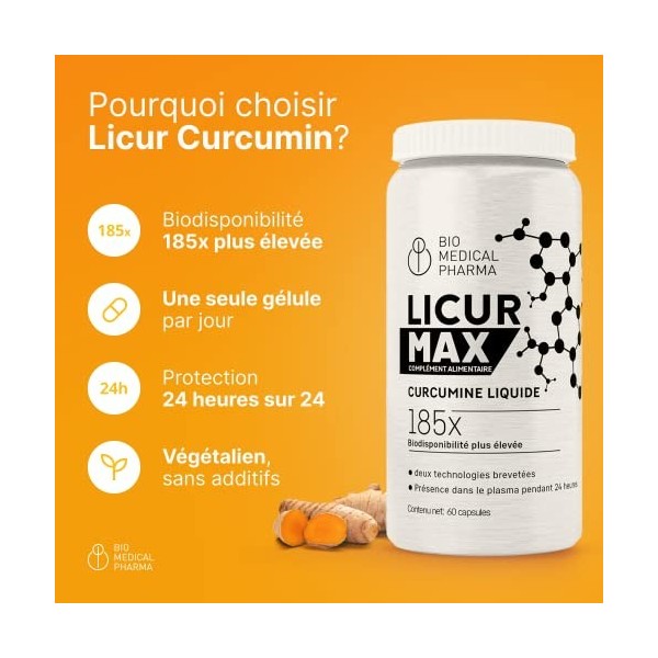 Curcumine liquide NovaSOL® | Biodisponibilité 185x plus élevée sans pipérine | 1 gélule par jour | correspond à 6600mg dextr ...