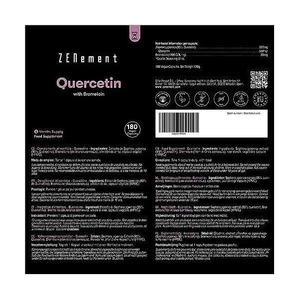 Quercétine 500 mg, avec Bromélaïne, 180 Gélules | Anti-âge, Vieillissement en bonne santé, Antioxydant | Ingrédents 100% Natu...