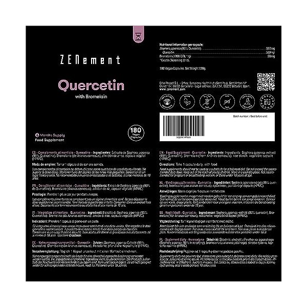 Quercétine 500 mg, avec Bromélaïne, 180 Gélules | Anti-âge, Vieillissement en bonne santé, Antioxydant | Ingrédents 100% Natu