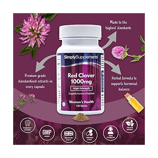 Trèfle Rouge 1000mg | Contient de la Vitamine B6 | 120 Comprimés | Adapté aux Végétaliens | Jusqu’à 4 mois de Bienfaits| Simp...