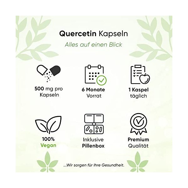 Quercétine - 180 gélules de 510 mg - 6 mois - Boîte à pilule incluse - Qualité supérieure - Végétalien et naturel, à base de