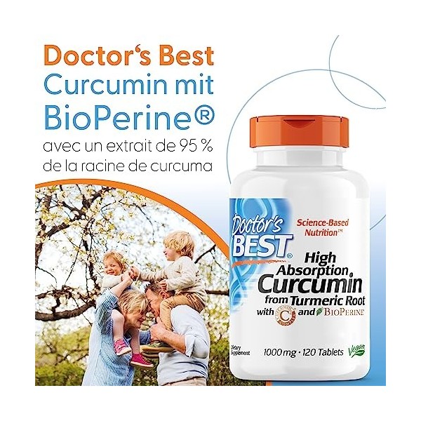 Doctors Best, High Absorption Curcumin Curcumine à Haute Absorption , 1.000mg, 120 Comprimés végétaliens, Testé en Laborato C...