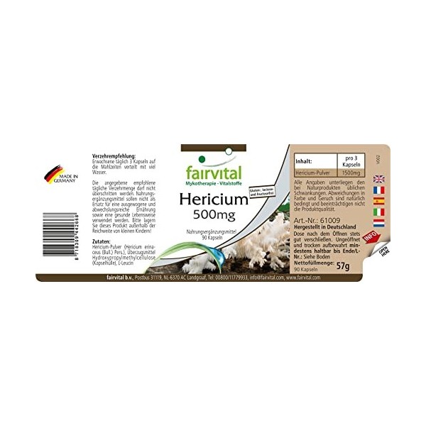 Fairvital | Hericium 500mg VEGAN - Fortement dosé - 90 capsules - Hericium - poudre de champignon