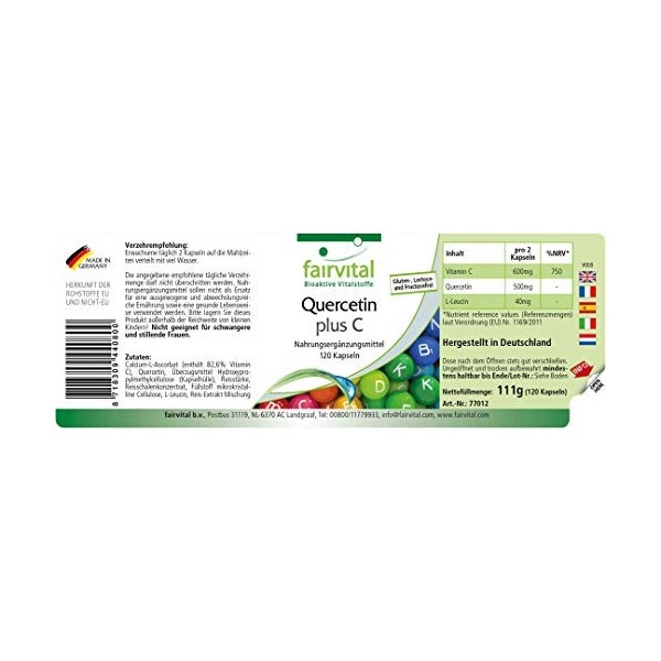 Fairvital | Quercétine naturelle + Vitamine C - 600mg de Vitamine C et 500mg de Quércetine par dose journalière - VEGAN 120 g...