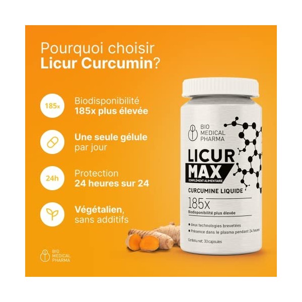 Curcumine liquide NovaSOL® - Biodisponibilité 185x supérieure sans pipérine - 1 gélule par jour - correspond à 6600 mg dextr