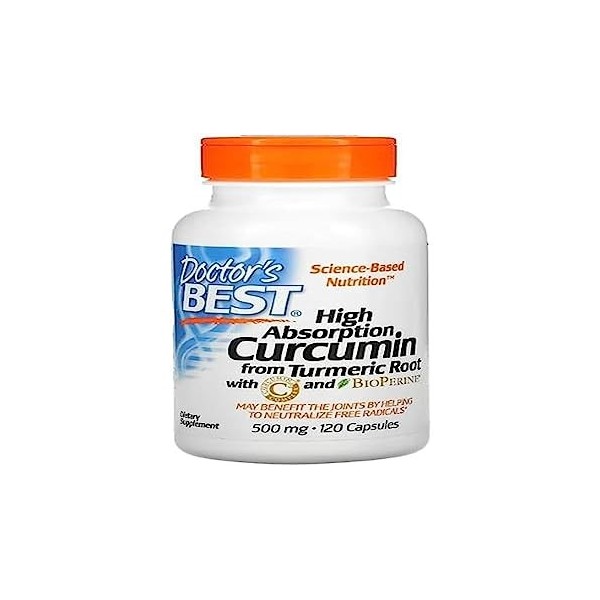 Doctors Best Curcumine haute absorption à base de racine de curcuma avec complexe C3 et BioPerine, 500 mg – 120 caps, puissa