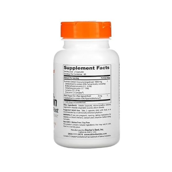 Doctors Best Curcumine haute absorption à base de racine de curcuma avec complexe C3 et BioPerine, 500 mg – 120 caps, puissa