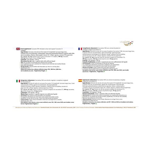 Vita World Curcumine 500mg 120 Vegi Capsules Curcuma Pipérine production dun pharmacien Made in Germany Curcuma