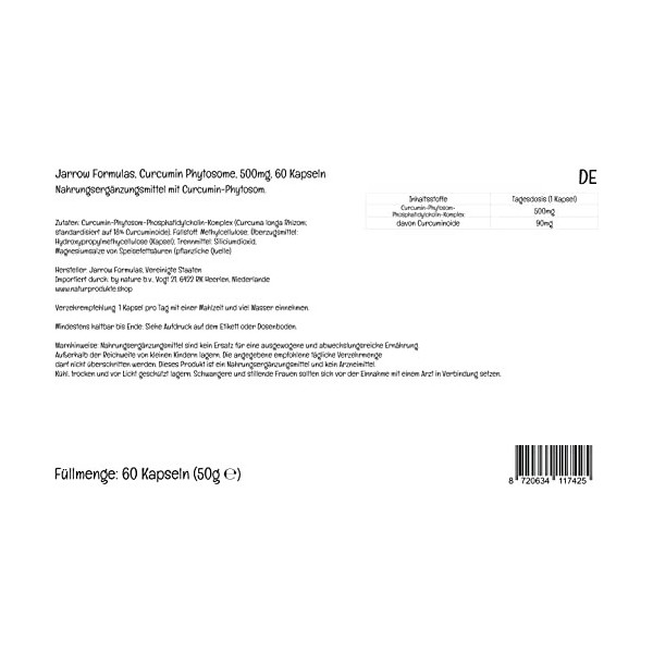 Jarrow Formulas, Curcumin Phytosome, 500mg, 60 Capsules végétaliennes, Testé en Laboratoire, Sans Soja, Sans Gluten, Végétari...