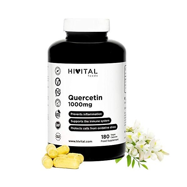 Quercétine 1000 mg. 180 gélules végétaliennes pour 3 mois de traitement. Bioflavonoïde naturel pour prévenir l’inflammation, 