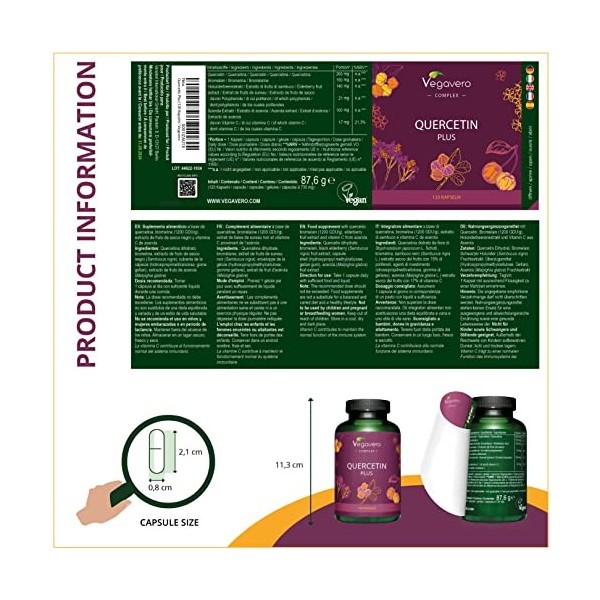 Quercétine Complex Vegavero® | 100% Naturelle | Avec Bromélaïne + Vitamine C + Sureau Noir | Sans Additifs | Immunité + Antio