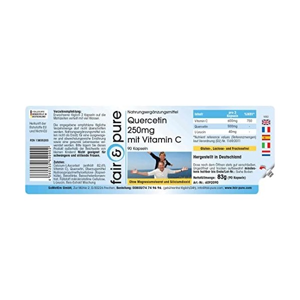 Fair & Pure® - Quercétine 250mg avec vitamine C - 600mg de Vitamine C & 500mg de Quercétine par dose journalière - végan - 90