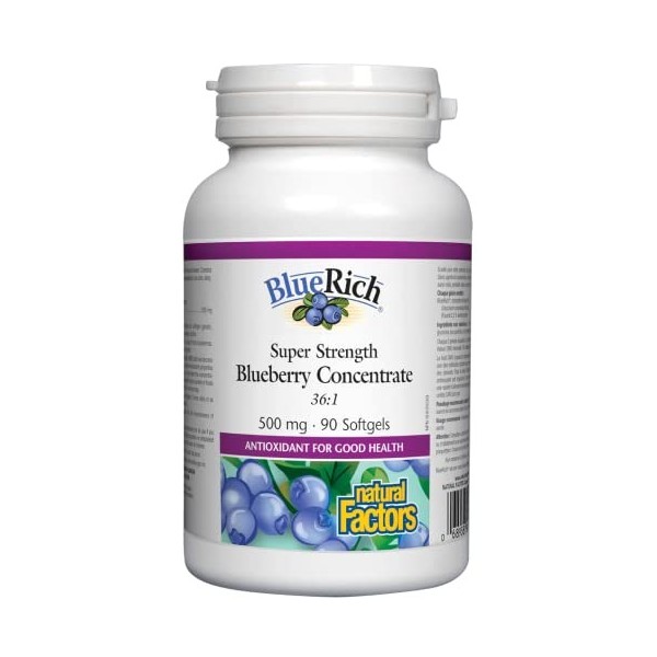 Natural Factors, Super Strength Blueberry Concentrate Extrait de Myrtille , 500mg, Hautement Dosé, 90 Capsules molles, Testé