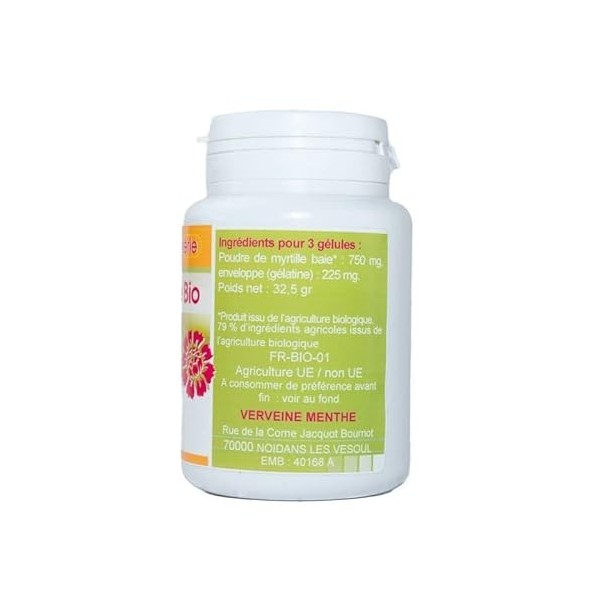 GELULES MYRTILLE BAIE 100 gélules dosées à 250 mg poudre pure.