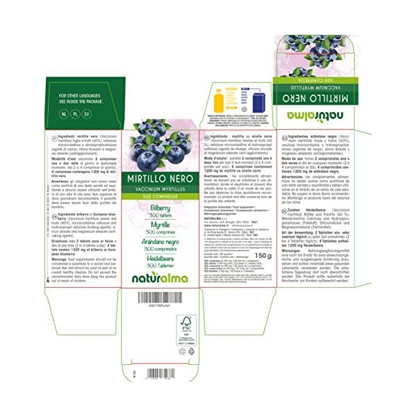 Myrtille ou Airelle noire Vaccinium myrtillus feuilles et fruits Naturalma | 150 g | 300 comprimés de 500 mg | Complément a