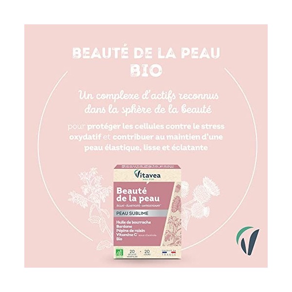 Vitavea - Complément alimentaire BIO Peau Sublime - huile de Bourrache Bardane Pépins de raisin Vitamine C acérola BIO - Ec