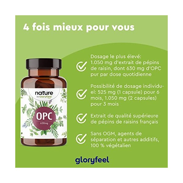 OPC Extrait de Pépin de Raisin Français 1050mg, Teneur HPLC Très Élevée, 630 mg dOPC Pur Par Jour, 180 Capsules, 100% Nature