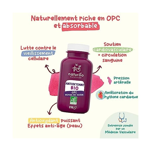 Antioxydant BIO | 90% OPC | 210 gélules | Extrait de Pépins de Raisin Bio | Premium & Vegan | Garanti sans pesticides | Compl