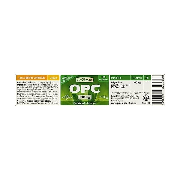 Greenfood OPC, 100 mg, dose élevée, 180 comprimés, vegan - SANS additifs artificiels. Sans génie génétique.