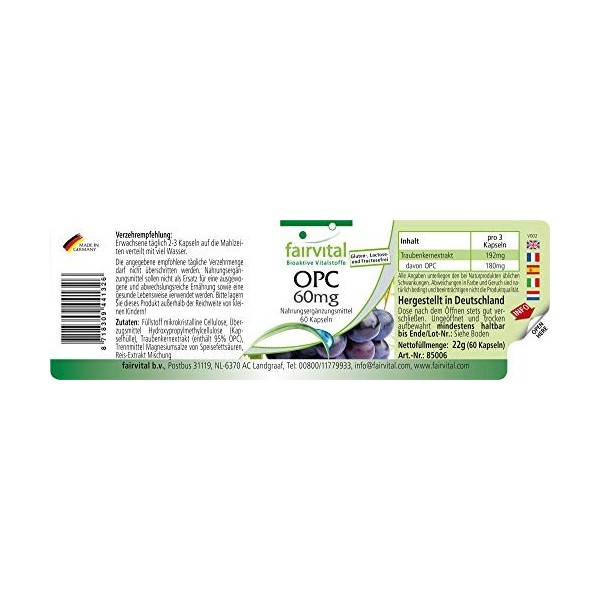Fairvital | OPC 60 mg - pour 2 mois - VEGAN - 60 gélules - Extrait de pépins de raisin - proanthocyanidines oligomériques