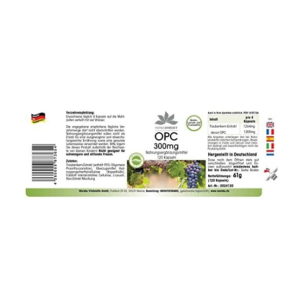 OPC 300 mg - 120 gélules - Végétarien - extrait de pépins de raisin | HERBADIREKT by Warnke Vitalstoffe