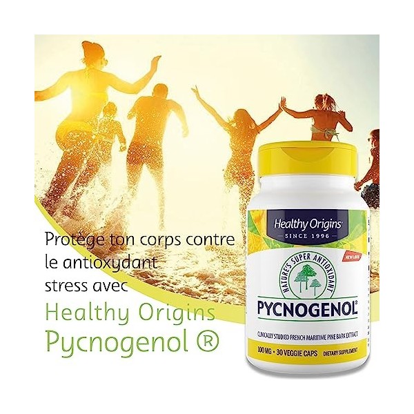 Healthy Origins, Pycnogenol, 100mg, Extrait décorce de Pin avec Procyanidines, 30 Capsules végétaliennes, Testé en Laboratoi