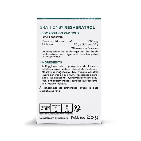 Resvératrol GRANIONS | Complément alimentaire anti âge | Trans resveratrol 200mg avec Selenium + Renouée du japon | Anti age,