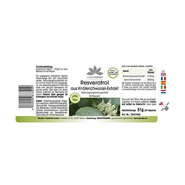 Resvératrol 500mg - extrait de la racine renouée du Japon - polygonum cuspidatum - Extrait - 60 capsules | HERBADIREKT by War