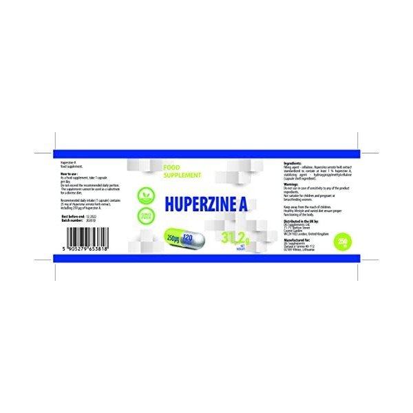 Huperzine A 120 Vegan Gélules 250 mcg Brain Supplement to Promote Acetylcholine, Support Memory and Focus