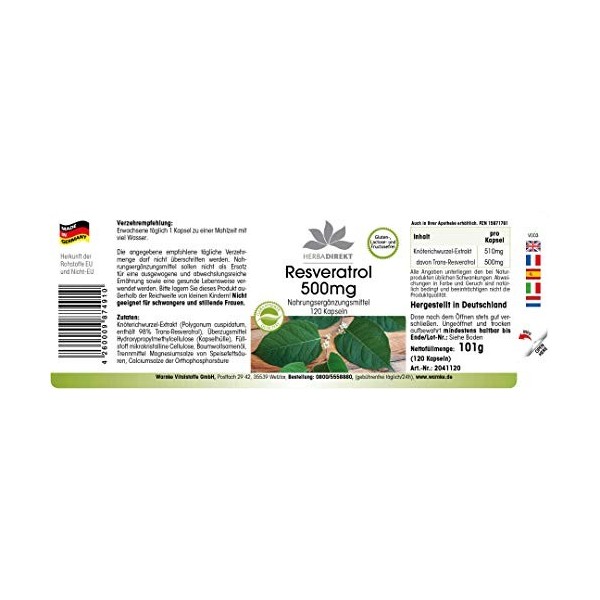 Resvératrol 500mg - extrait de la racine renouée du Japon - polygonum cuspidatum - hautement dosé - végan - 120 gélules | HER